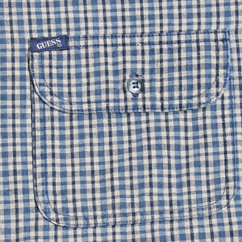Vintage Plaid Elbow Patch Shirt Button Blue Long Sleeve Large Marciano Guess - Picture 5 of 9